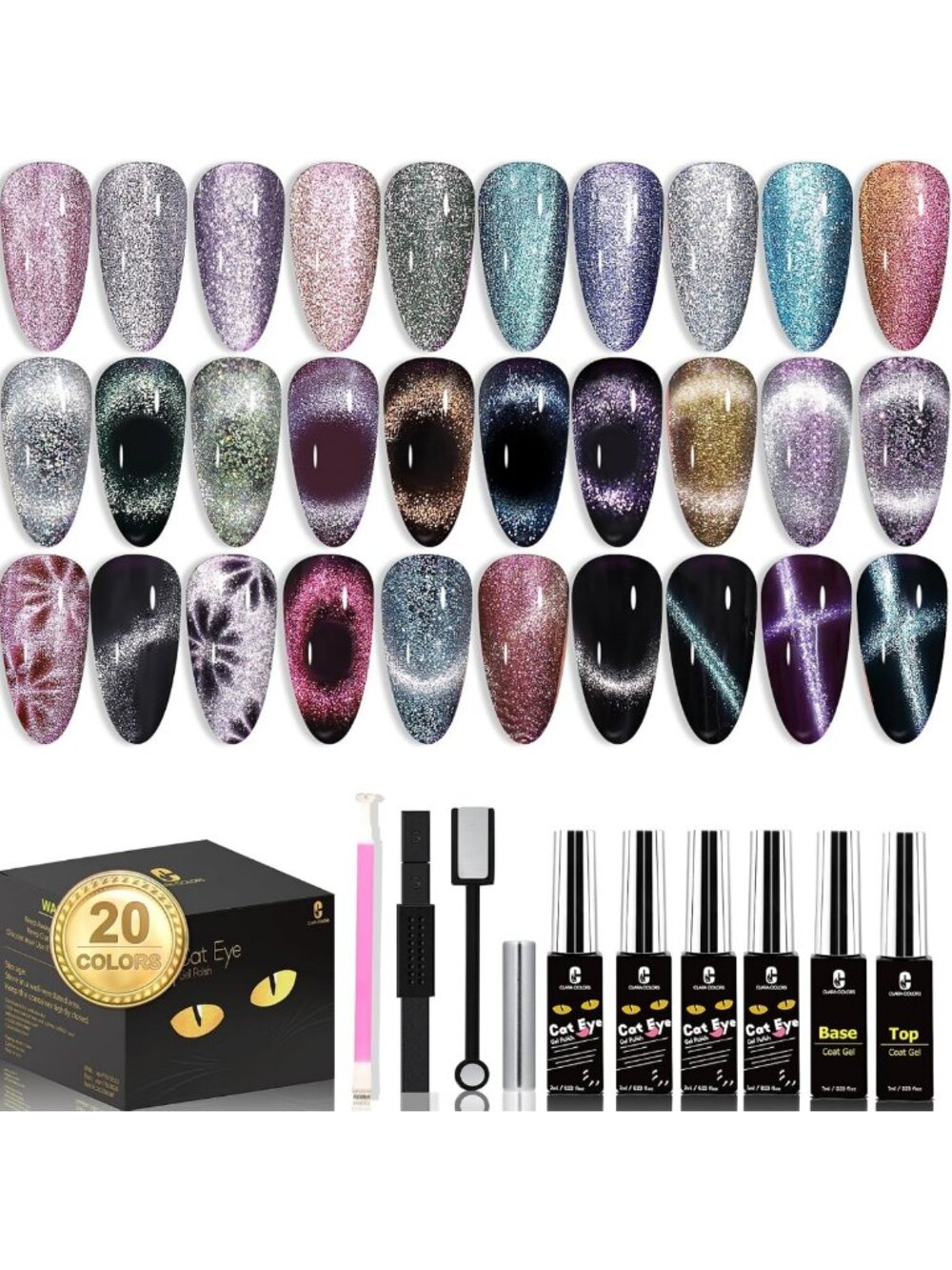 20 Colors Cat Eye Gel Nail Polish Kit - Holographic Glitter, Magnetic & Soak Off